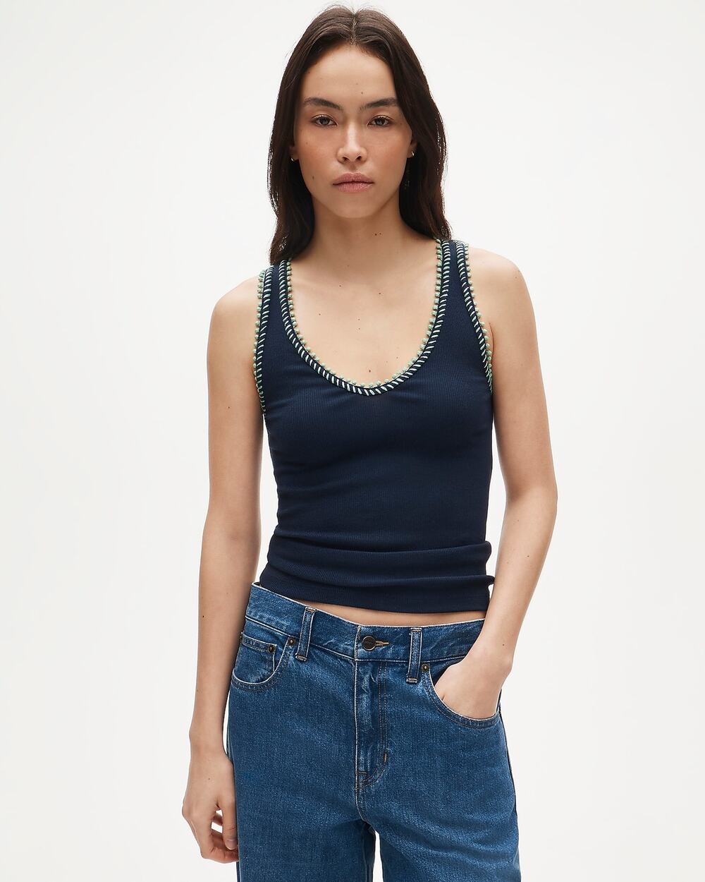 J.Crew Perfect rib V-neck tank top with hand-stitched trim Navy XS